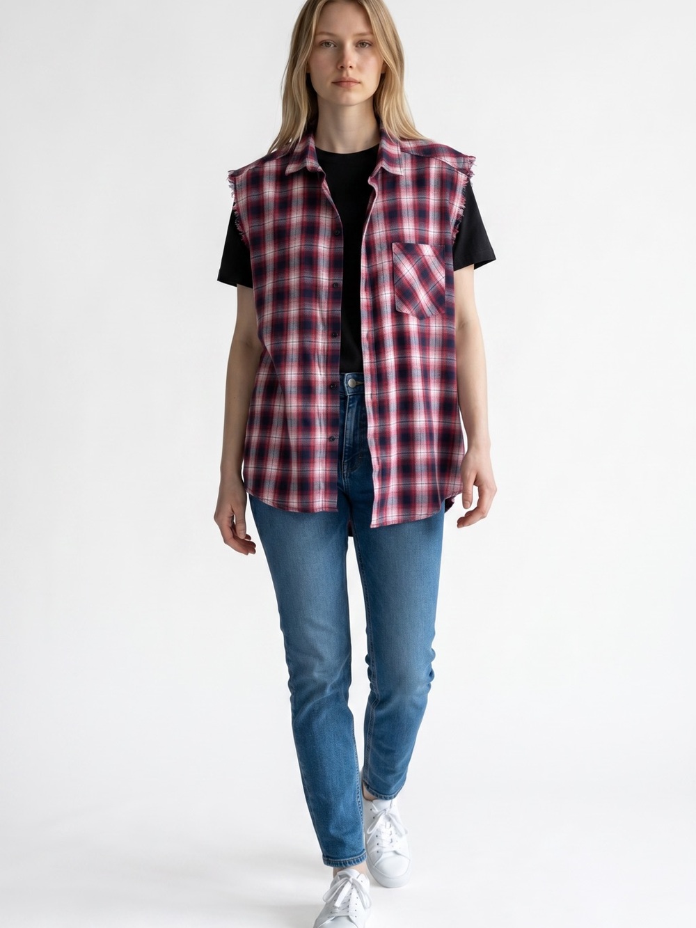 Sleeveless and Frayex Red Plaid Button-Up Shirt - Women